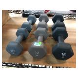 3 pairs of Dumbbells incl. sz 10, 12, 15lbs
