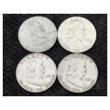 4-90% Silver Benjamin Franklin Half Dollars