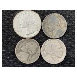 1964 Silver Quarters, 2 War Nickels & Buffalo