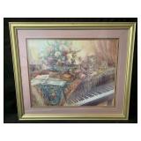 A floral and musical still life print titled