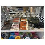 Framed metal artwork, books, binoculars and more