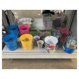 Metal colorful buckets and more, approx 8in tall