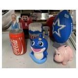 Collection of composite coin banks, approx 12in
