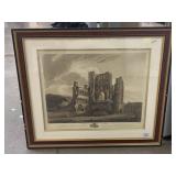 Framed Kelso Abbey landmark print, approx 28x33in