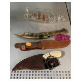 Assorted Knives and Glass Ship in Bottle