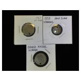 2- Shield  nickels & a half dime , w/ holes for