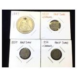 3- Half dimes & a Seated Liberty half dollar, w/