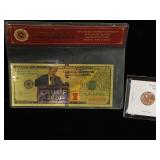 2020 Gold foil Trump Banknote & 2020 Trump penny