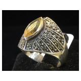 Sterling Marcasite & yellow gemstone ring, size 9