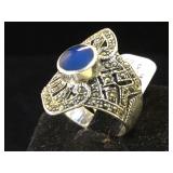 Sterling. marcasite & blue gemstone ring, size 9
