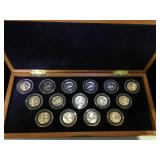 15- Silver quarters, 1950-1964, w/ coin chest
