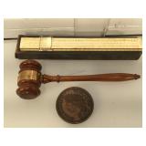 Vintage slide rule in case, gavel and more