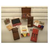 Vintage poker chips, darts in case, playing