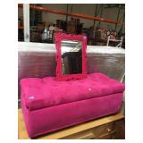 Pink tufted storage ottoman and mirror