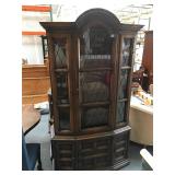 7 foot tall vintage wood and glass curio cabinet
