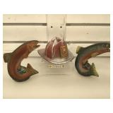 Hand painted metal forest service hat & 2 trout,