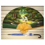 Hand painted Asian fan, 40 inches across when