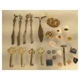 Vintage pins, ornate butter knives, Boy scout