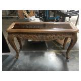 53 in long wooden hall table with smoky glass top