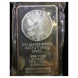10 oz. .999 Fine Silver Bar, (Sunshine Minting