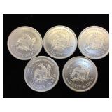 5- 1oz. .999 Fine Silver Rounds, (Liberty