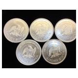 5- 1 oz. .999 Fine Silver Rounds, (Liberty