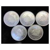 5-1 oz. .999 Fine Silver Rounds, (Liberty