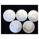 5- 1 oz. .999 Fine Silver Rounds, (Liberty
