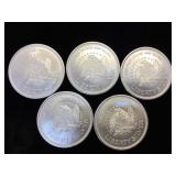 5- 1 oz. .999 Fine Silver Rounds, (Liberty