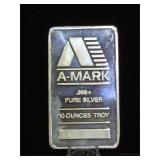 10 oz. .999 Fine Silver Bar, (A-MARK)