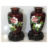 2 hand painted glass on brass vases, measures 8