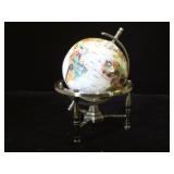 Gemstone revolving globe on metal stand, 7 in.
