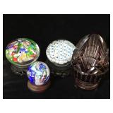 3 glass art paperweights & Hungarian layered cut