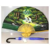 Hand painted Asian fan, 40 inches across when
