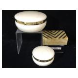 3 jewelry boxes, 1 carved stone w/ brass inlay