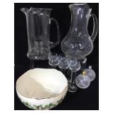 2 glass pitchers, Lenox xmas dish & more