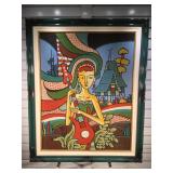 Dye signed material art, framed to 34 x 42 inches