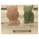 2 carved stone figurines, rose quartz owl &