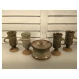 4 stoneware mugs & stoneware lidded pot