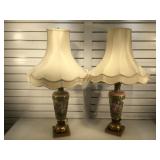 Pair of vintage glass & brass lamps w/ transfer
