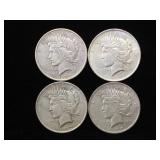4- Silver Peace Dollars, various dates, 4 x $