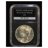 1922 Uncirculated Silver Peace Dollar,(cased),