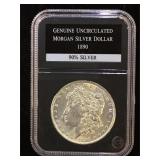 1890 Uncirculated Morgan Silver Dollar, cased