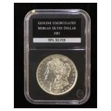 1881 Uncirculated Morgan Silver Dollar, cased