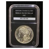 1882 Uncirculated Morgan Silver Dollar, cased
