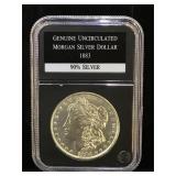 1883 Uncirculated Morgan Silver Dollar, cased