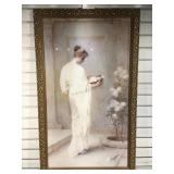 Lg framed print, woman with flower basket, 41 x