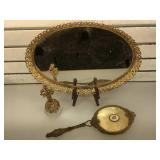 3 pc vintage dresser set, mirrored tray, perfume,