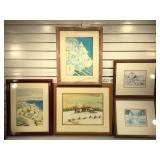 5 piece framed wall art, 2 pencil signed Simandle