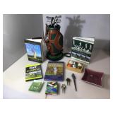 Golf bag telephone, themed golf balls, golfing